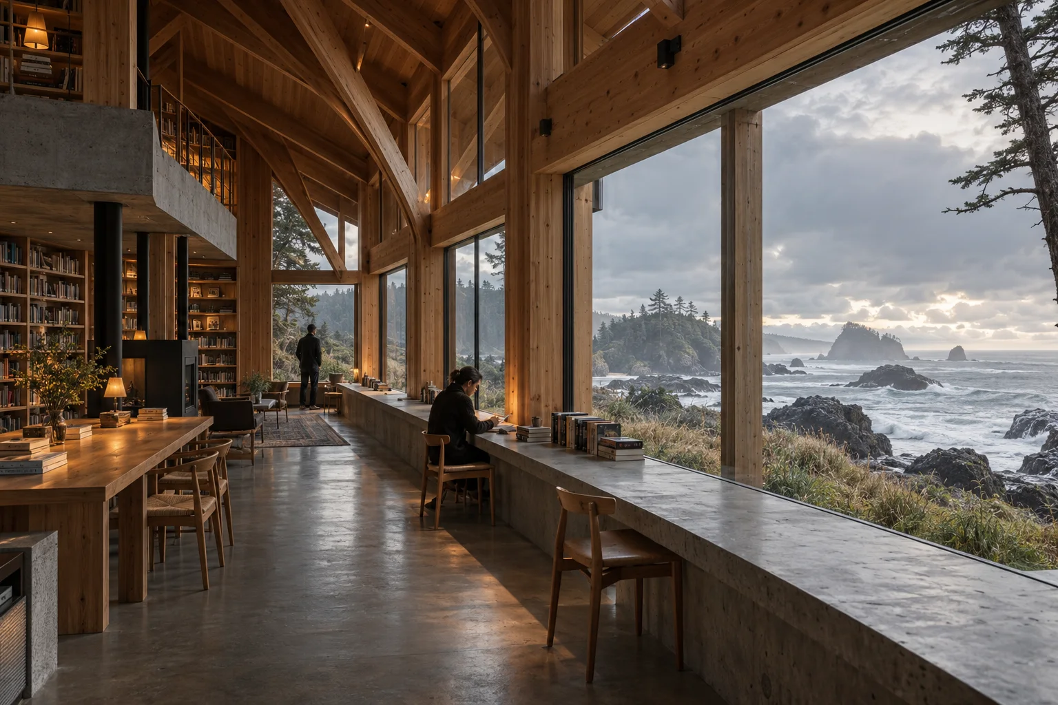 A sunlit coastal reading room from Rowan’s fictional architectural study